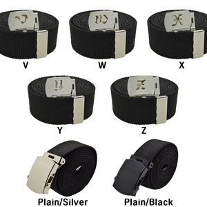 Old English Initial A-Z, Plain Canvas Military Black Web Belt & Silver Buckle 48,54,60,72 inches image 5