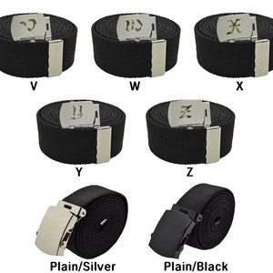 May include: Six black canvas belts with silver buckles. The buckles have different letter designs, including V, W, X, Y, Z, and a plain buckle. The last two belts have a plain black buckle.