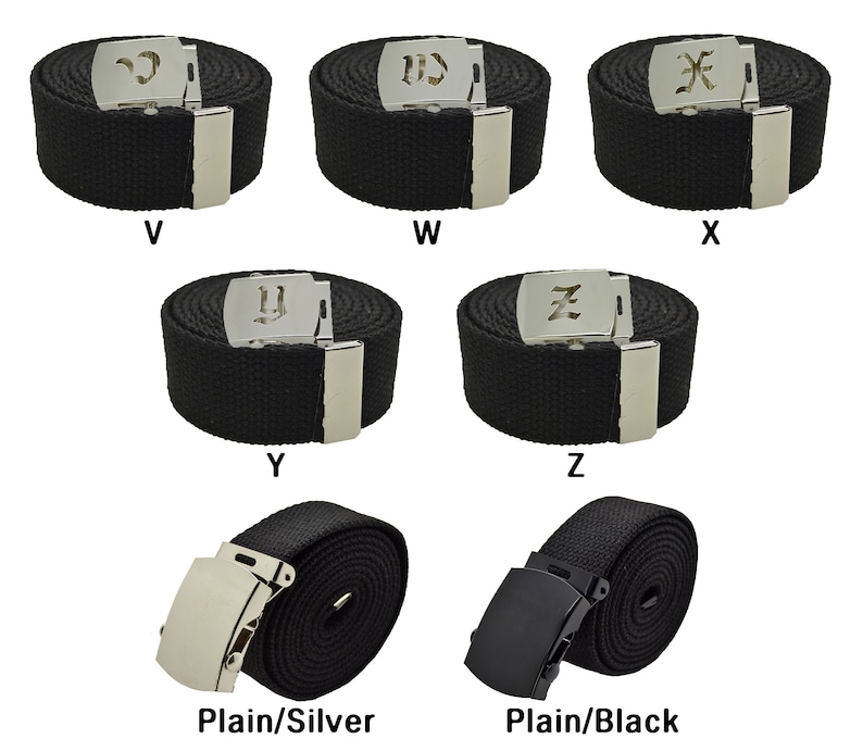 May include: Six black canvas belts with silver buckles. The buckles have different letter designs, including V, W, X, Y, Z, and a plain buckle. The last two belts have a plain black buckle.