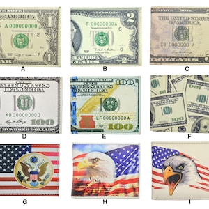 May include: Nine different wallet designs featuring images of US currency and an American flag with an eagle. The wallets are made of a brown leather-like material.