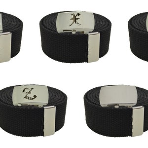 Old English Initial A-Z, Plain Canvas Military Black Web Belt & Big Silver Buckle 48",54",60",72 inches image 6