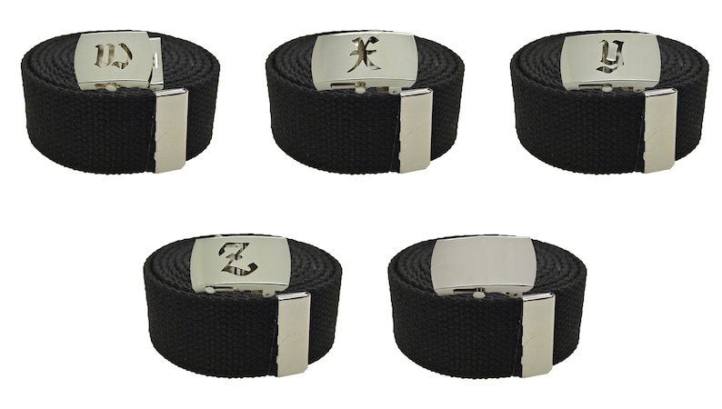 Old English Initial A-Z, Plain Canvas Military Black Web Belt & Big Silver Buckle 48",54",60",72 inches image 6