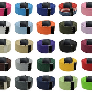May include: A collection of 25 different colored canvas belts with a silver buckle. The belts are arranged in five rows of five belts each.