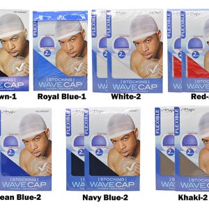 May include: A collection of seven packages of stocking wave caps in various colors. Each package features a man wearing a wave cap. Colors include brown, royal blue, white, red, ocean blue, navy blue, and khaki. The text "WAVE CAP" is visible on each package.