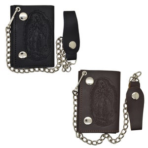 Cartera de motociclista con cadena de Nuestra Señora de Guadalupe de cuero genuino negro de tres pliegues con trabilla para cinturón Virgen de Guadalupe