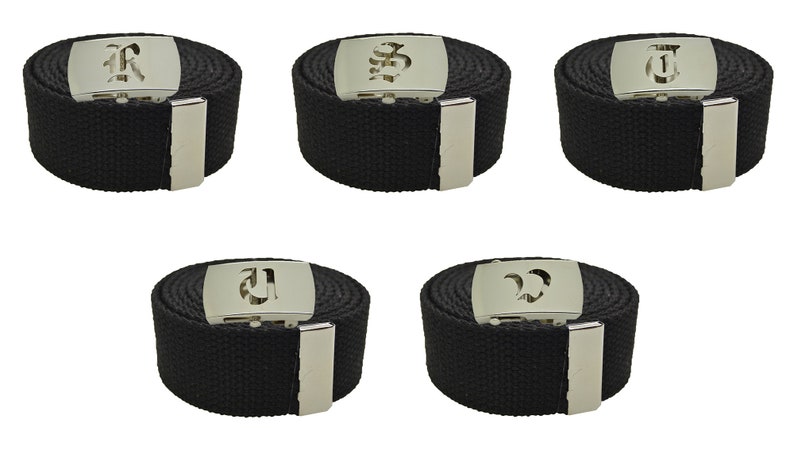 Old English Initial A-Z, Plain Canvas Military Black Web Belt & Big Silver Buckle 48",54",60",72 inches image 5