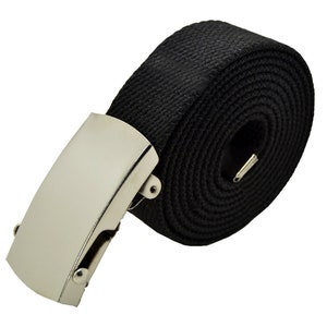 Canvas Military Web Belt & Plain Silver,Black,Flip Buckle 48,54,60.72 inches Plain/Big Silver