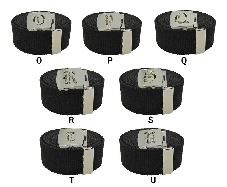 May include: Six black canvas belts with silver buckles featuring different letters of the alphabet in a gothic font. The letters are O, P, Q, R, S, and T.