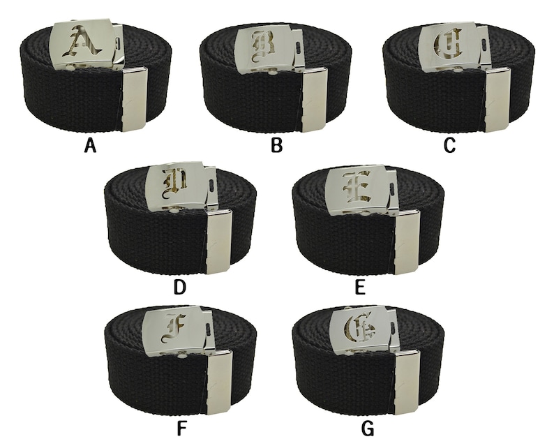 Old English Initial A-Z, Plain Canvas Military Black Web Belt & Silver Buckle 48,54,60,72 inches image 2