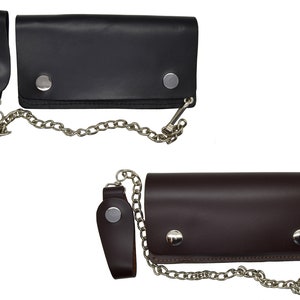 Cartera Biker con Cadena de Piel Auténtica Negra Lisa Larga con Trabilla para Cinturón