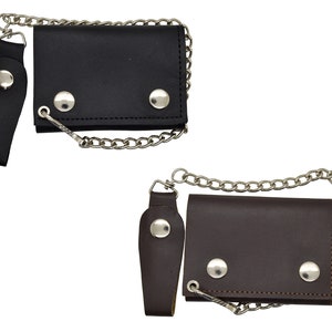 Cartera de motociclista con cadena de cuero genuino, negra, lisa, de tres pliegues y con trabilla para cinturón