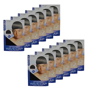 May include: A pack of 10 black stocking wave caps. The caps are made of a flexible, breathable material and are designed to help create waves in hair. The packaging features a model wearing a black stocking wave cap.