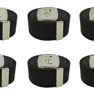 Old English Initial A-Z, Plain Canvas Military Black Web Belt & Big Silver Buckle 48",54",60",72 inches image 2