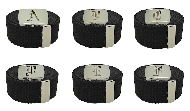 Old English Initial A-Z, Plain Canvas Military Black Web Belt & Big Silver Buckle 48",54",60",72 inches image 2