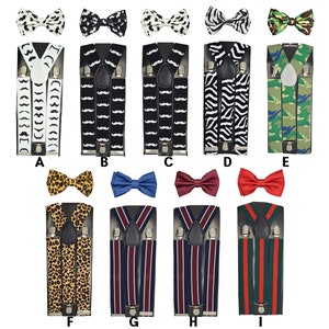 May include: A set of 9 different suspenders and bow ties. The suspenders are in various patterns, including stripes, polka dots, and camouflage. The bow ties are in solid colors, including red, blue, and black.