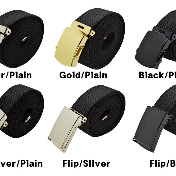 Canvas Military Web Belt & Plain Silver,Black,Flip Buckle 48",54",60".72 inches