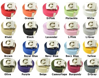 48",54",60",72" Capital Initial Canvas Military "C" Web Belt & Silver Buckle 21 Color