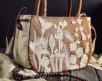 Borsa tote in lino ricamata fatta a mano con applicazioni in pizzo, borsa tote in lino con pizzo per donna, regalo per bisnonna, borsa etnica fatta a mano