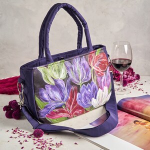 Custom women's hand painted handbag, painted teacher tote, flower tote bag, painted tulip, floral tote bag, washable bag, laptop tote