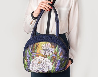 Custom painted velvet handbag for women, hand embroidery, personalized acrylic painting, floral velvet bag, 50th birthday gift for women