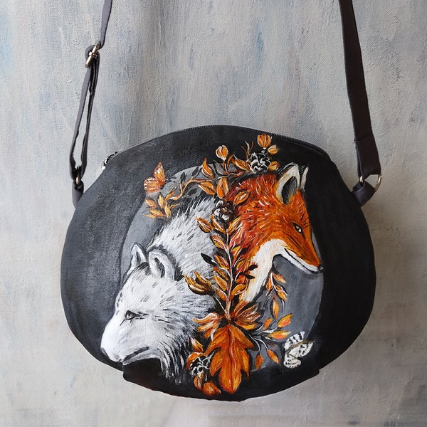 Custom crossbody bag, hand painted gift for her, fox lover gift, custom handmade purse from real artist, fox painting, soul sister gift