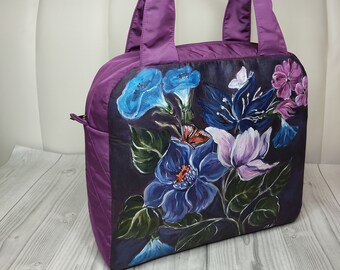 Borsa a tracolla grande personalizzata per donna, borsa dipinta a mano, grande borsa tote con fiori dipinti, dipinto personalizzato su una borsa unica nel suo genere