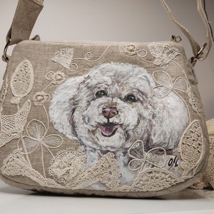 Custom pet portrait on a bag handmade, made by the artist to order, linen shoulder bag embroidered and hand painted, custom dog painting