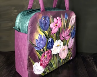 Large hand painted women's tote bag, large custom made shoulder bag for women, handmade flower tote bag, floral acrylic painting on the bags