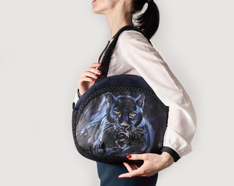 Custom velvet black panther handbag for women, hand painted shoulder velvet bag with woven handles, luxury unique handbag one of a kind