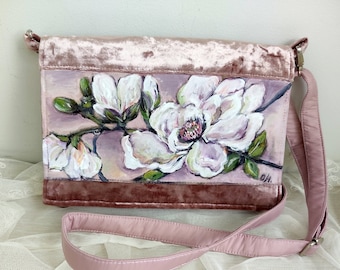 Hand painted women's velvet shoulder clutch, custom painted crossbody clutch bag for women, mother of the bride clutch, velvet crossbody bag