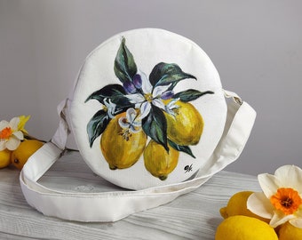 Borsa rotonda dipinta personalizzata per donna, borsa a forma di limone dipinta personalizzata, borsa a tracolla rotonda bianca fatta a mano, borsa a tracolla circolare bianca