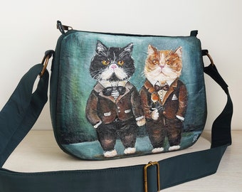 Op maat gemaakt kattenportret geschilderd op een damestas, gepersonaliseerd kattenmoedercadeau, handgeschilderde aangepaste damesschoudertas, kattenschilderij van foto