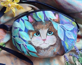 Cadeau d'amant de chat, sacs et sacs à main peints à la main, sac à main bandoulière personnalisé pour les femmes, peinture de chat mignon, cadeau personnalisé de maman de chat, cadeau drôle de chat