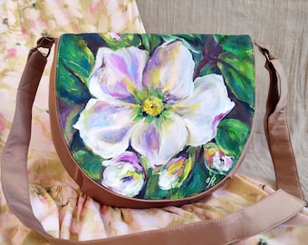 Women's hand painted flower magnetic flap purse, stunning custom women's bag handmade by the artist, floral shoulder bag, bags and purses