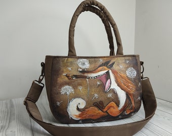 One of a kind women's handbag handmade with a painted cute fox, fox painting on a unique handbag, custom hand painted shoulder bag for women