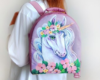 Splendido zaino unicorno personalizzato, unico nel suo genere, regalo per la fidanzata, grazioso zaino da donna dipinto a mano, regalo di compleanno unicorno, regalo per lei