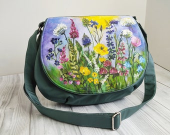 Women's flap shoulder bag with painted wildflowers, hand painted custom flap purse, floral saddle bag, 40th birthday gifts for women