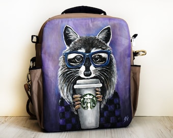 Custom painted cute raccoon bag, crossbody work bag women, laptop shoulder bag, purse with painted funny raccoon, raccoon womens art gift