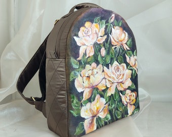 Painted floral backpack for women, custom laptop backpack women with rose succulent acrylic painting, small fabric washable mini backpack