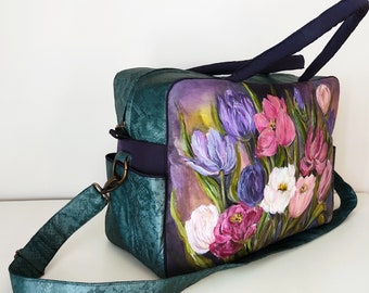 Borsa da viaggio dipinta a mano da donna, borsa da weekend personalizzata da donna, grande borsa da viaggio in tessuto, borsa da weekend lavabile, borsa da viaggio da donna, borsa da palestra floreale