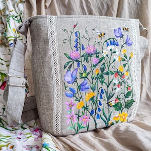 Women&#39;s linen tote bag with painted acrylics wild flowers, hand painted floral bag for women, custom tote bag with zipper, bags and purses