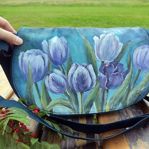Blue floral crossbody purse for women, women's shoulder flap bag with flowers, hand painted purses and bags, custom flower painting on bags image 8