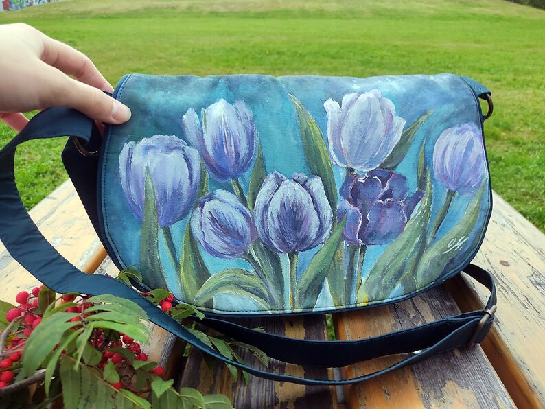 Blue floral crossbody purse for women, women's shoulder flap bag with flowers, hand painted purses and bags, custom flower painting on bags image 8