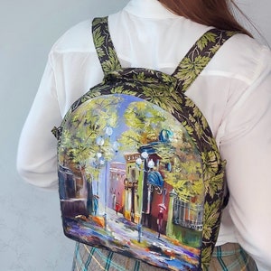 Beautiful hand painted backpack with a poetic autumn landscape, one of a kind custom women's backpack, autumn handmade backpack for women image 4