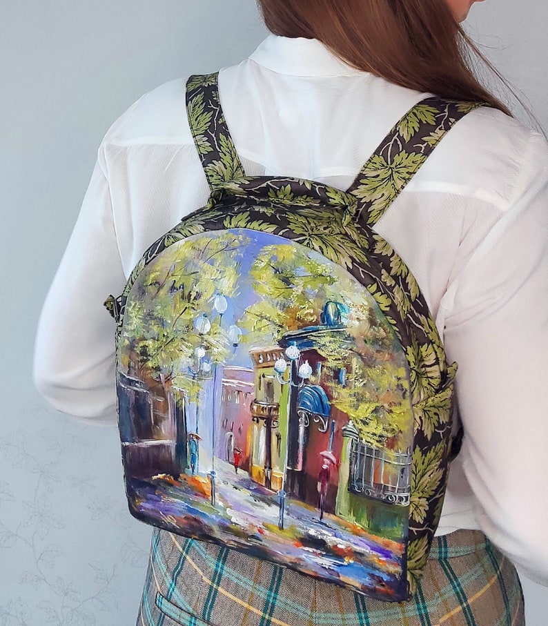 Beautiful hand painted backpack with a poetic autumn landscape, one of a kind custom women's backpack, autumn handmade backpack for women image 4