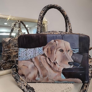 Large women&#39;s travel bag with custom painted pet portrait, custom portrait of your dog on women&#39;s bag, acrylic painting with Labrador on bag