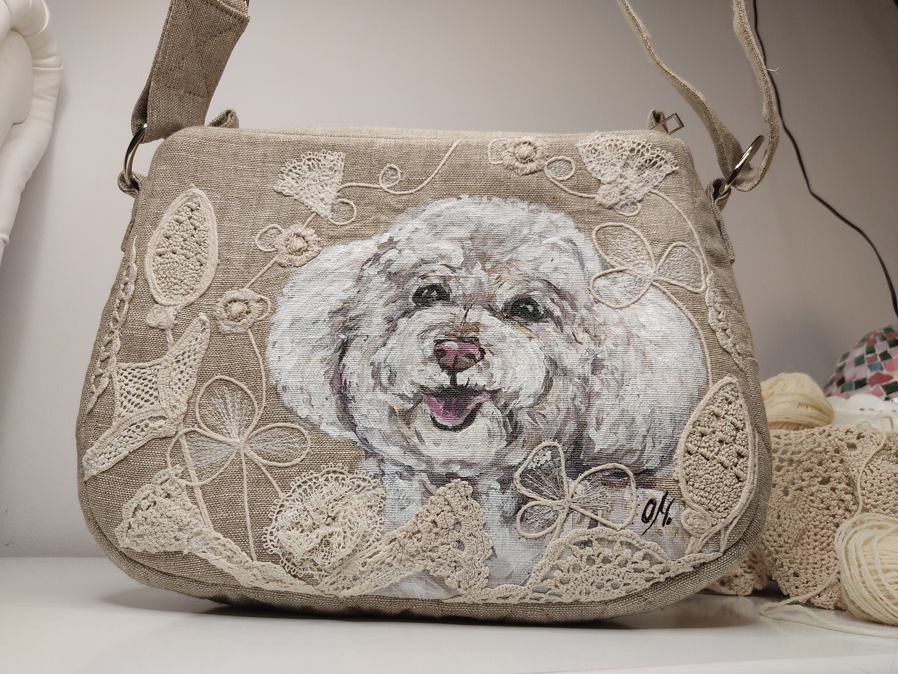 Custom pet portrait on a bag handmade made by the artist to Etsy