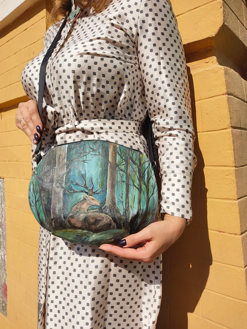 Fairy forest deer hand-painted on a women's shoulder bag, green crossbody purse with custom painted deer in the forest, handmade bags women image 2