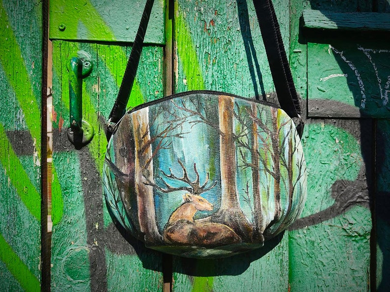 Fairy forest deer hand-painted on a women's shoulder bag, green crossbody purse with custom painted deer in the forest, handmade bags women image 1