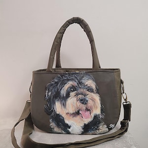 Brown women&#39;s bag with handles with dog portrait painted by artist from photo, custom pet portrait on women&#39;s bag, painted top handle bag